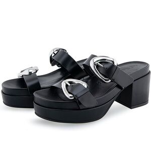 AEROSOLES Black Platform Leather Sandals with Chunky Heel
